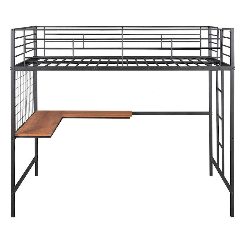 Metal Loft Bed with Desk, Ladder and Metal Grid for Kids, Teens, Girls, Boys