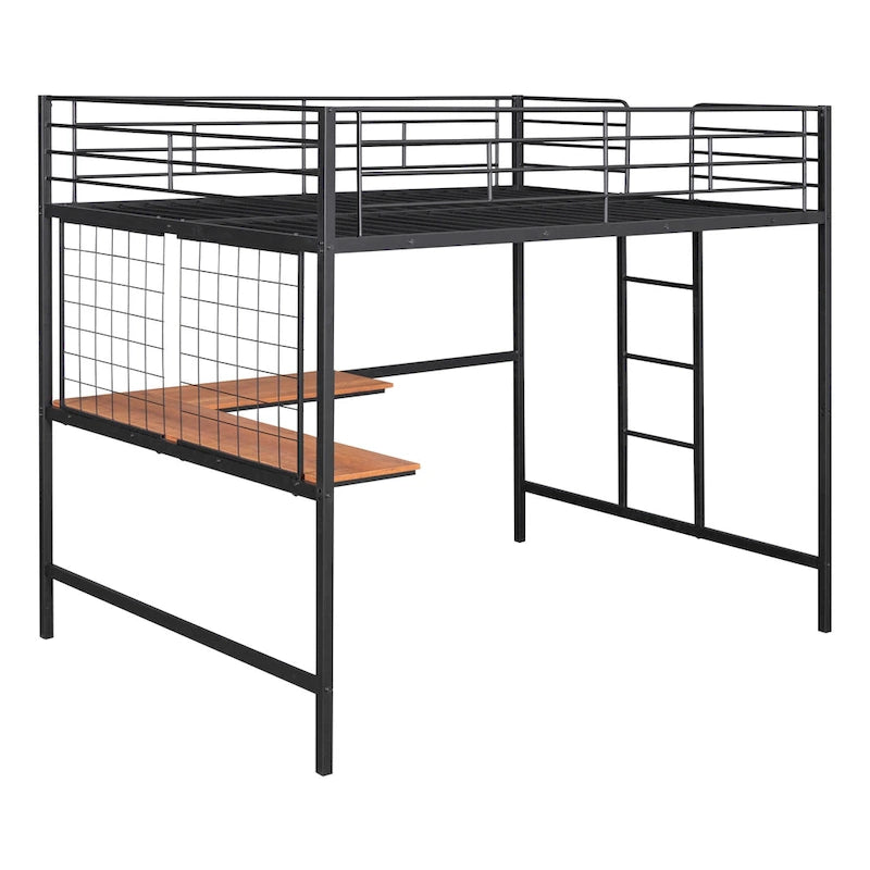 Metal Loft Bed with Desk, Ladder and Metal Grid for Kids, Teens, Girls, Boys