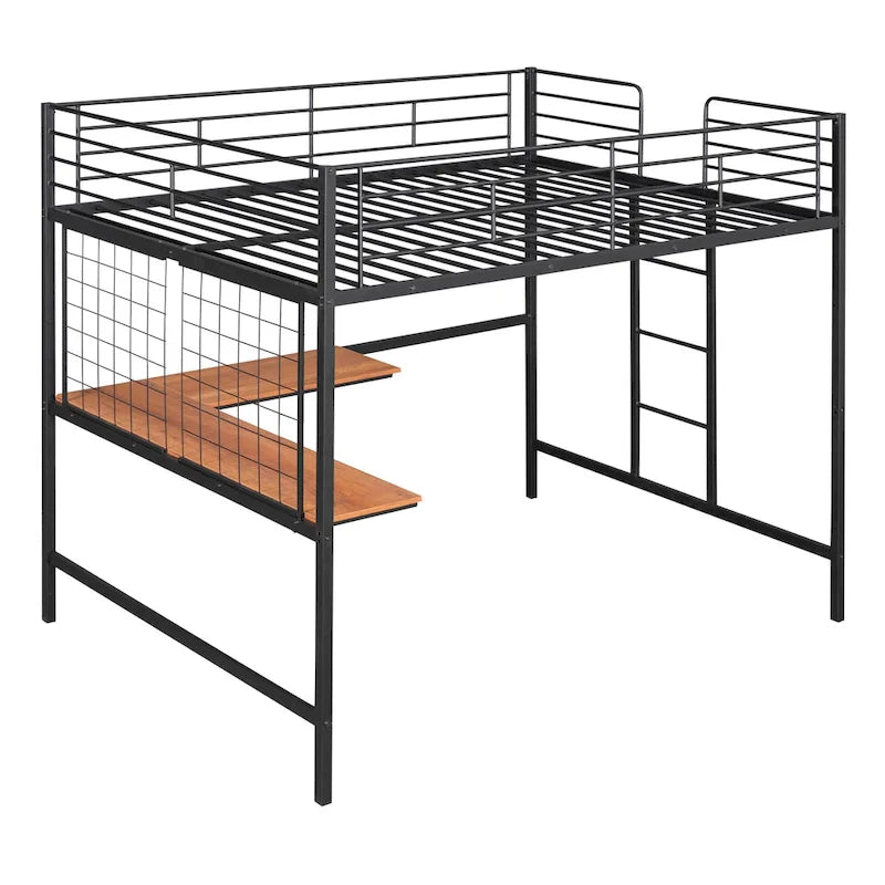 Metal Loft Bed with Desk, Ladder and Metal Grid for Kids, Teens, Girls, Boys