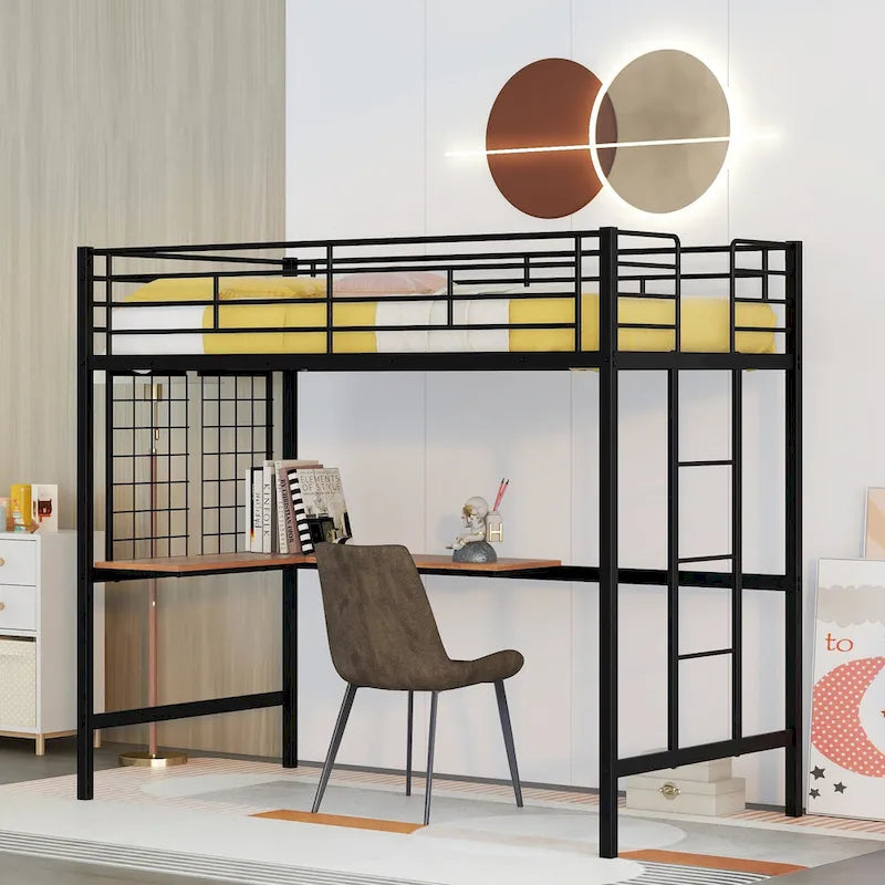 Metal Loft Bed with Desk, Ladder and Metal Grid for Kids, Teens, Girls, Boys