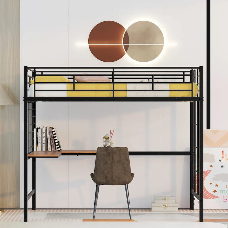 Metal Loft Bed with Desk, Ladder and Metal Grid for Kids, Teens, Girls, Boys