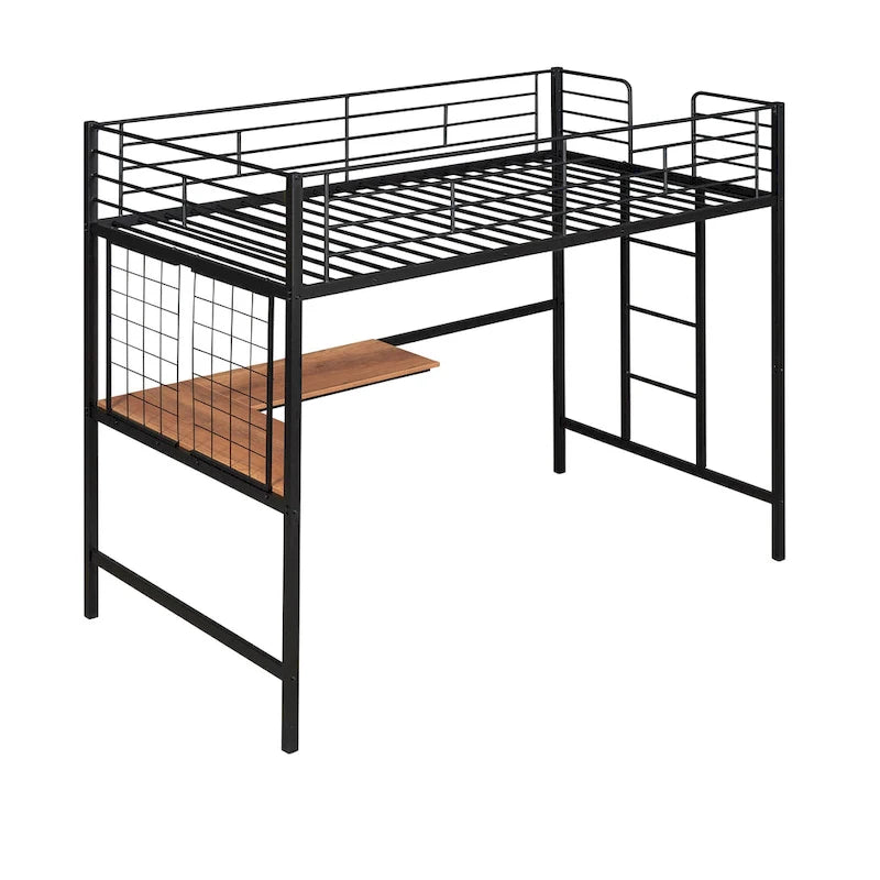 Metal Loft Bed with Desk, Ladder and Metal Grid for Kids, Teens, Girls, Boys