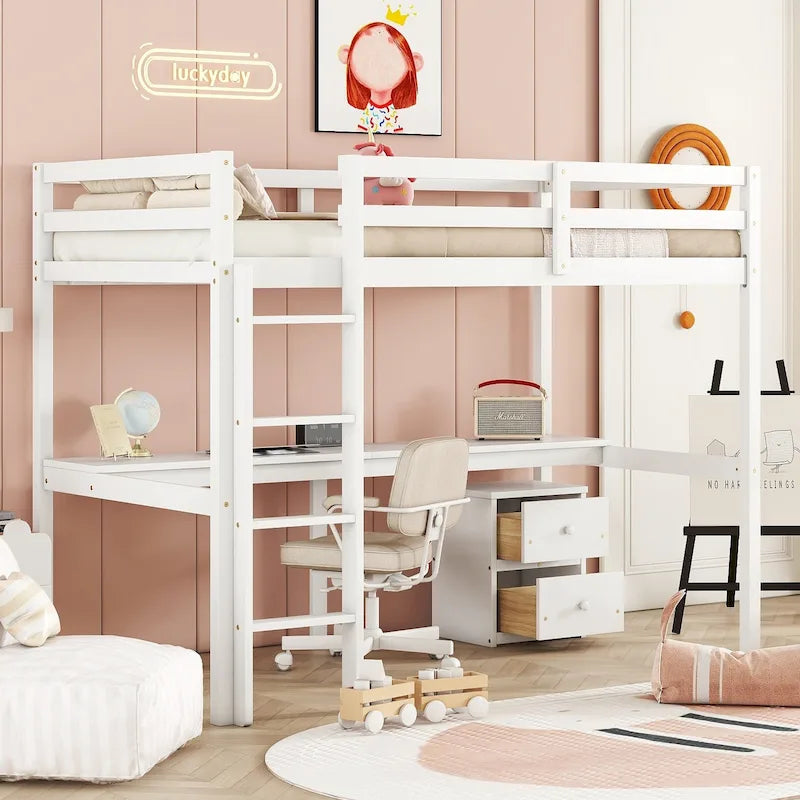 Twin Size Wood Loft Bed with Under-bed Storage and Desk