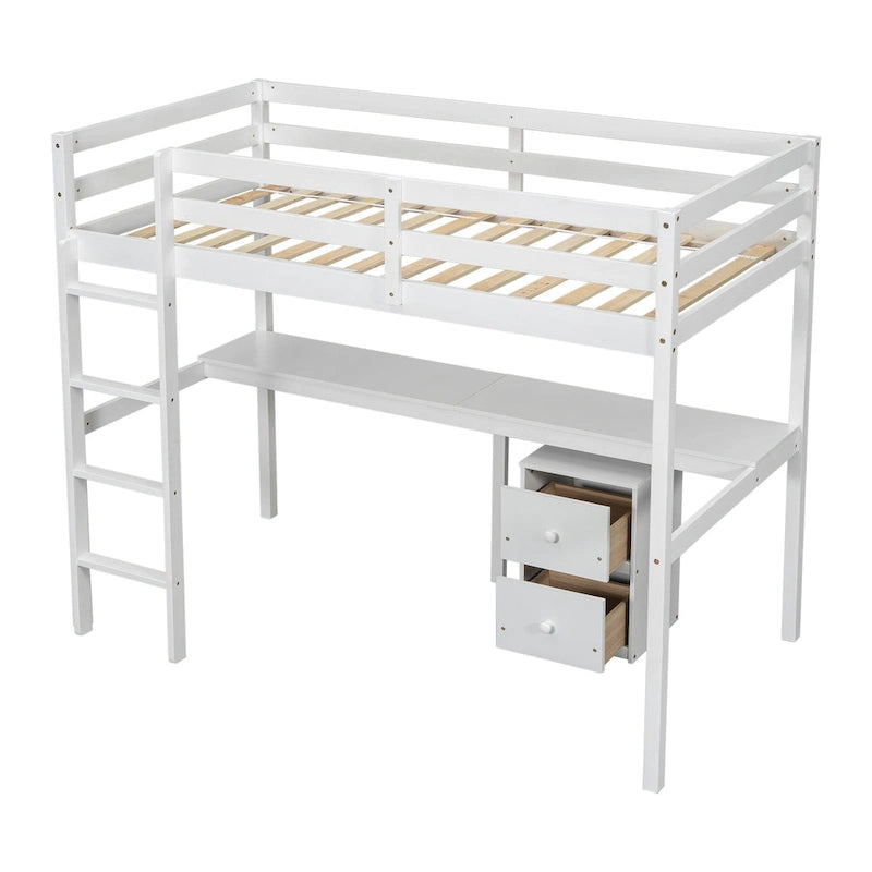 Twin Size Wood Loft Bed with Under-bed Storage and Desk