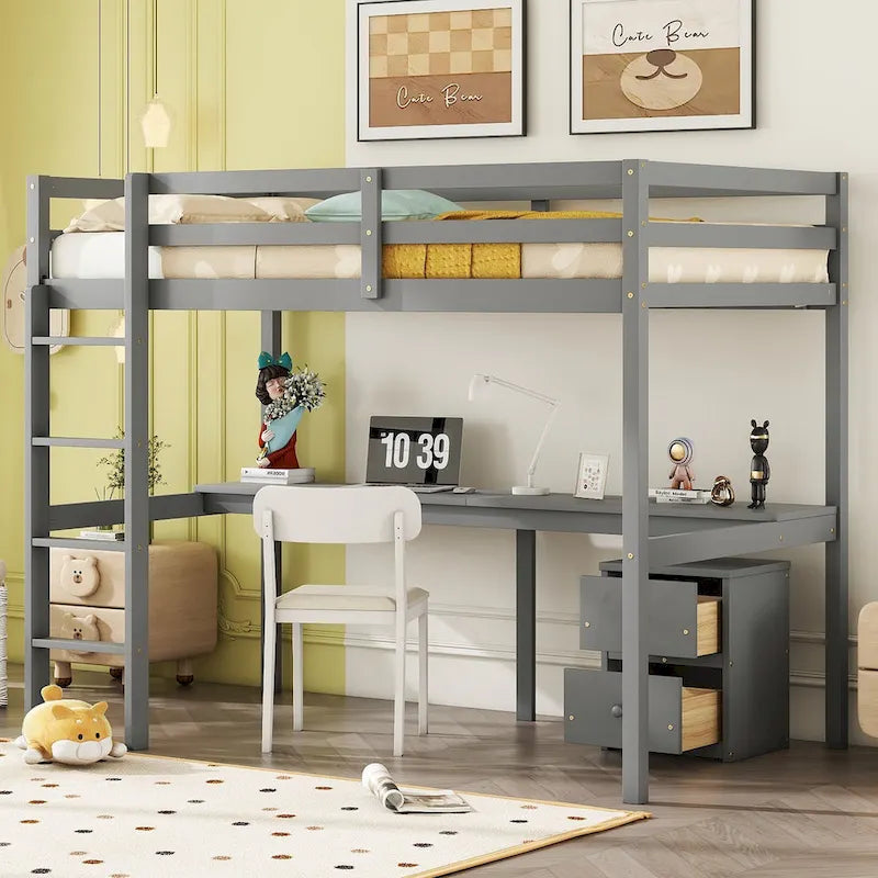 Twin Size Wood Loft Bed with Under-bed Storage and Desk