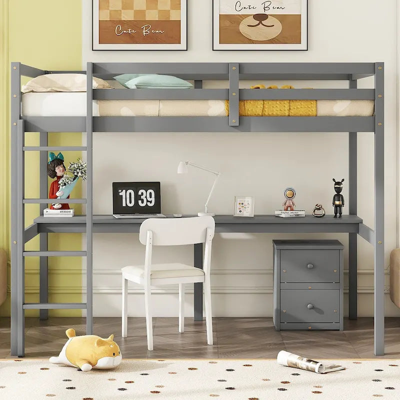 Twin Size Wood Loft Bed with Under-bed Storage and Desk