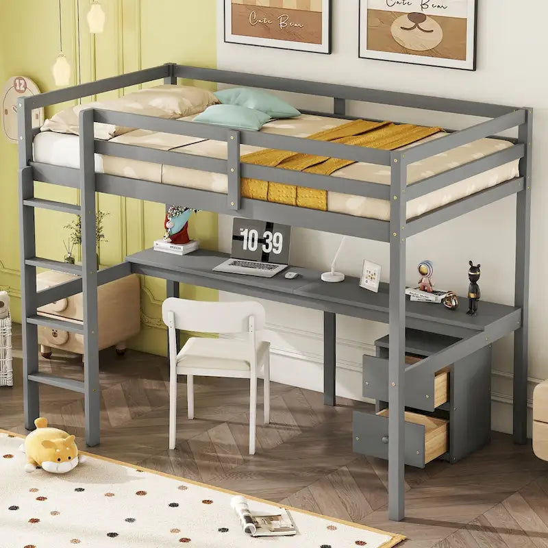 Twin Size Wood Loft Bed with Under-bed Storage and Desk