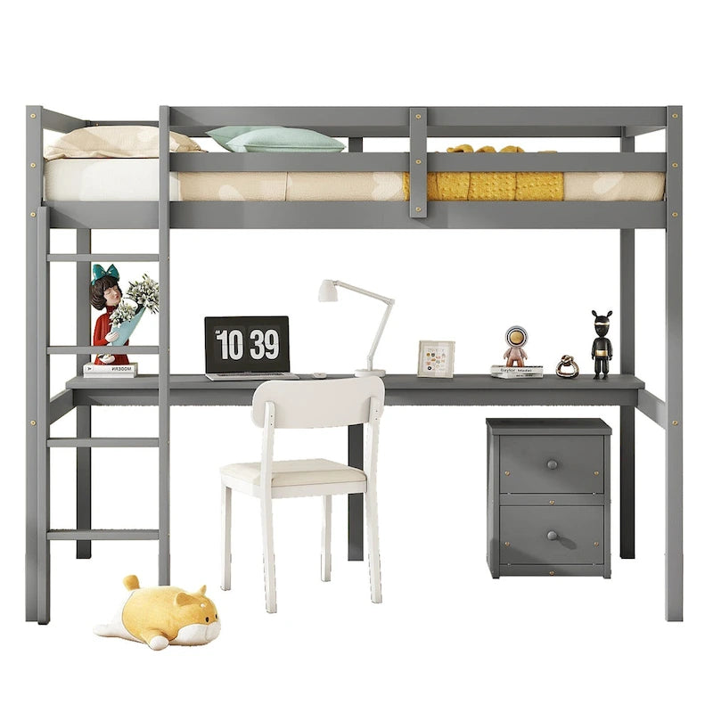Twin Size Wood Loft Bed with Under-bed Storage and Desk