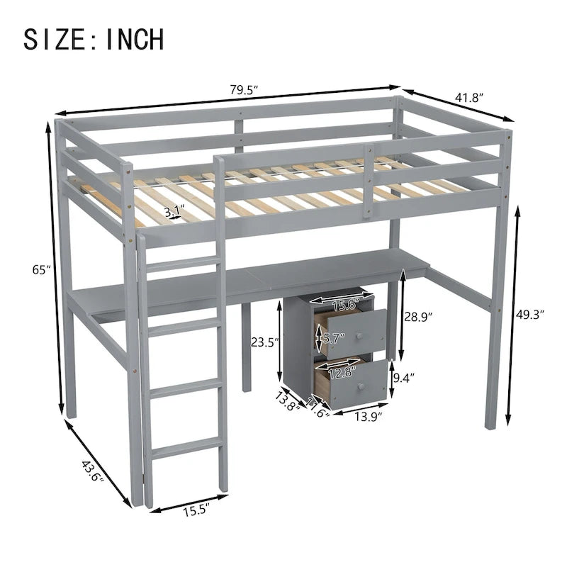 Twin Size Wood Loft Bed with Under-bed Storage and Desk