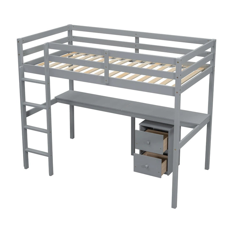 Twin Size Wood Loft Bed with Under-bed Storage and Desk