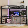 Black Full XL Size Metal Loft Bed with Desk and Shelves, Ladder, and Guardrails