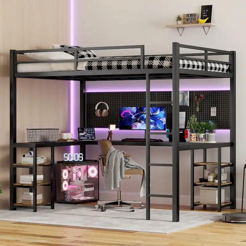 Black Full XL Size Metal Loft Bed with Desk and Shelves, Ladder, and Guardrails