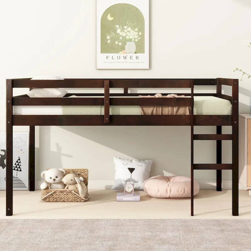 Espresso Twin Size Rubber Wooden Loft Bed with Ladder, Bed Platform of Strengthened Slats