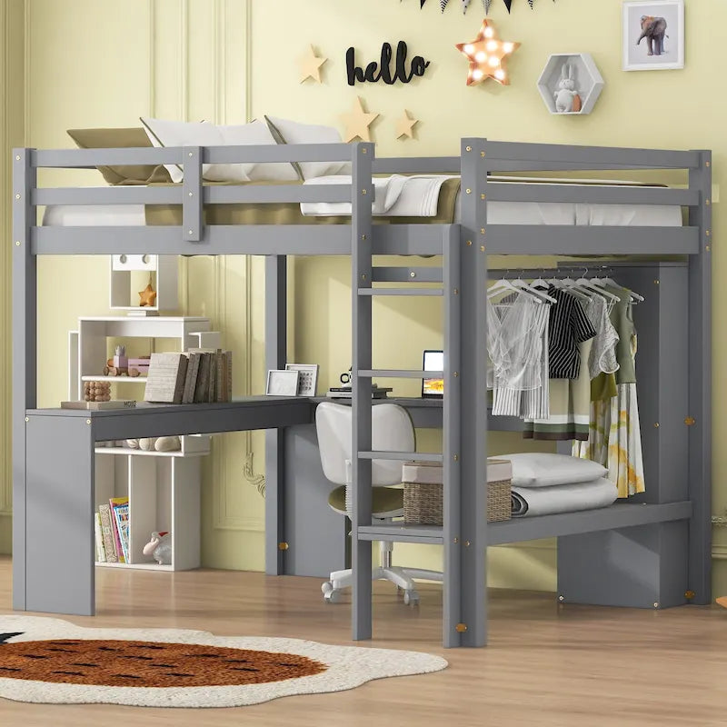 Grey Full Size Solid Wood Loft Bed with L-shaped Desk, Wardrobe, and Shelves
