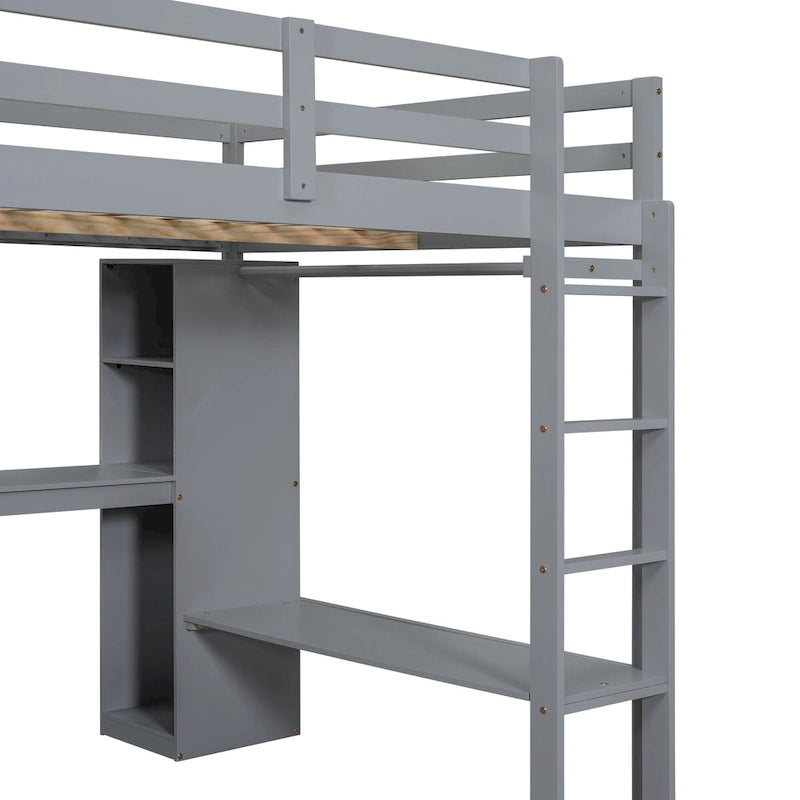 Grey Full Size Solid Wood Loft Bed with L-shaped Desk, Wardrobe, and Shelves