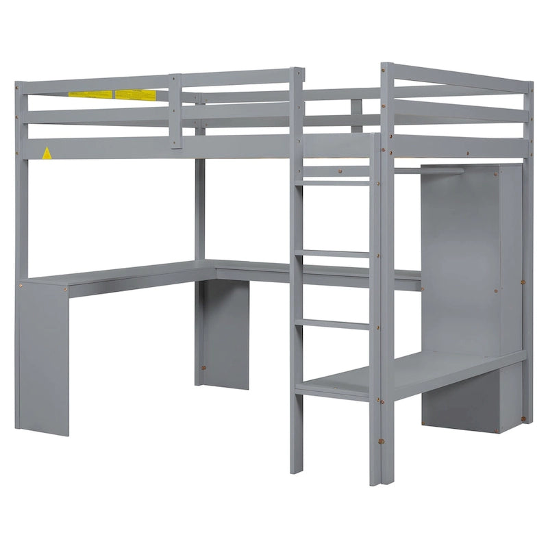 Grey Full Size Solid Wood Loft Bed with L-shaped Desk, Wardrobe, and Shelves