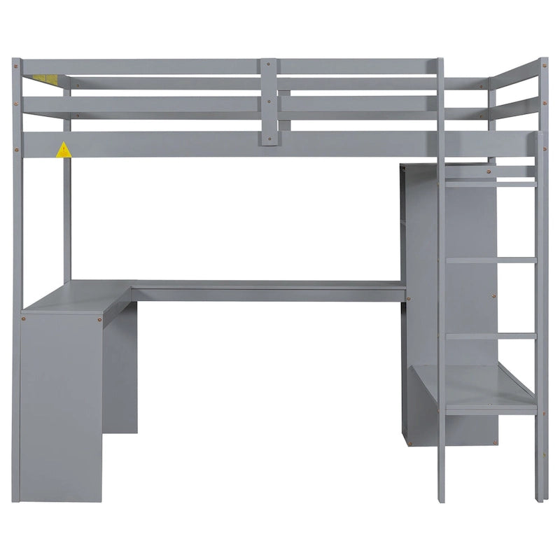 Grey Full Size Solid Wood Loft Bed with L-shaped Desk, Wardrobe, and Shelves