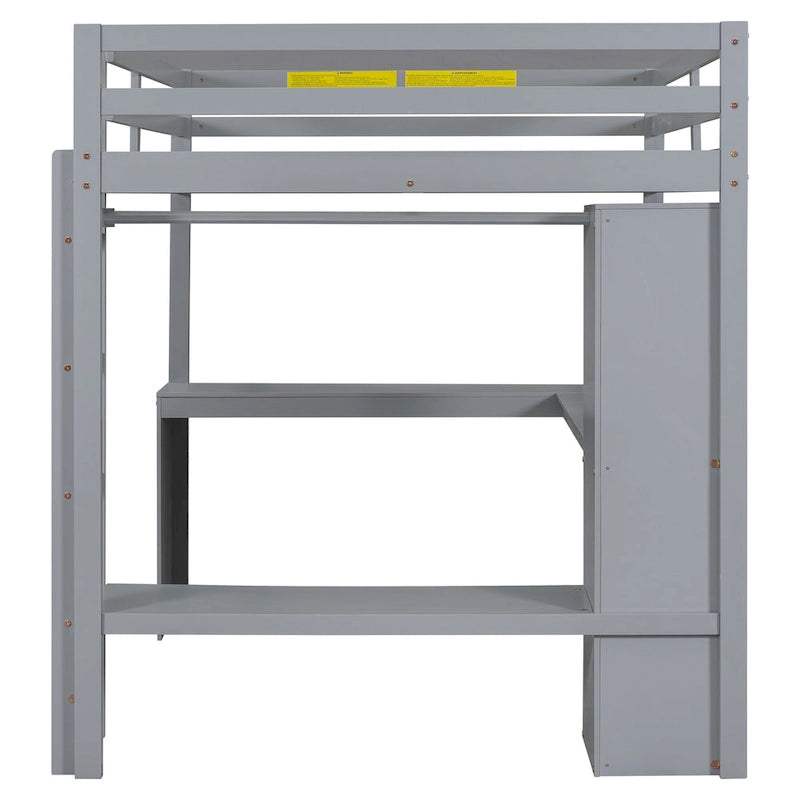 Grey Full Size Solid Wood Loft Bed with L-shaped Desk, Wardrobe, and Shelves