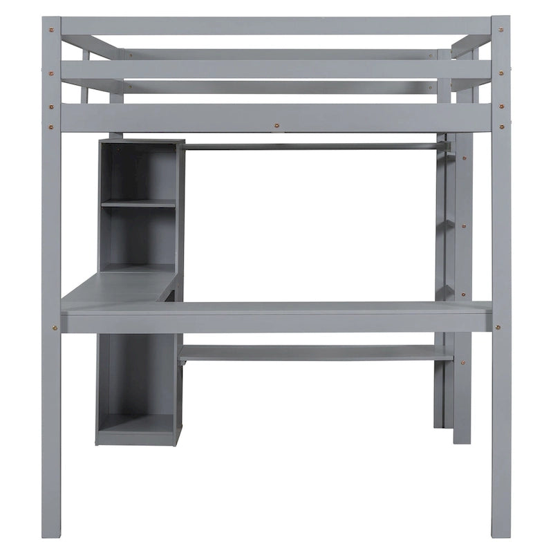 Grey Full Size Solid Wood Loft Bed with L-shaped Desk, Wardrobe, and Shelves