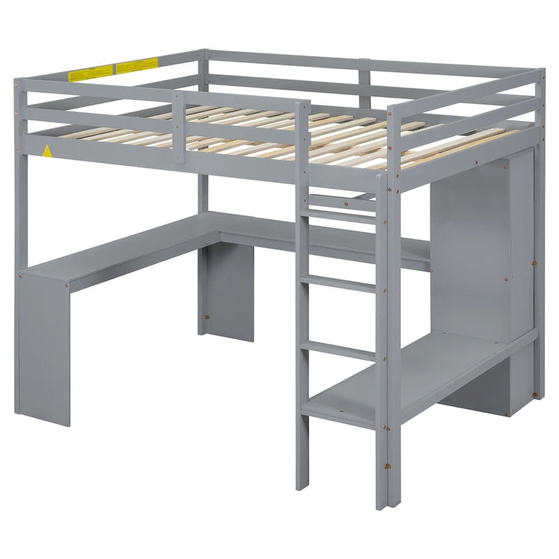 Grey Full Size Solid Wood Loft Bed with L-shaped Desk, Wardrobe, and Shelves