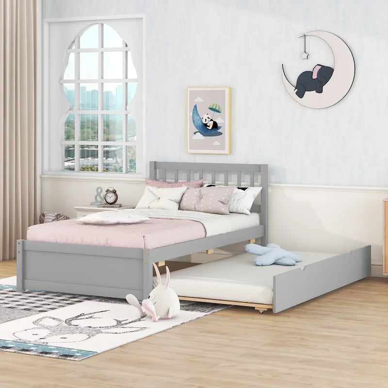 Grey Walnut Rubberwood Twin Platform Bed with Trundle, Sleek Design, No Box Spring Needed