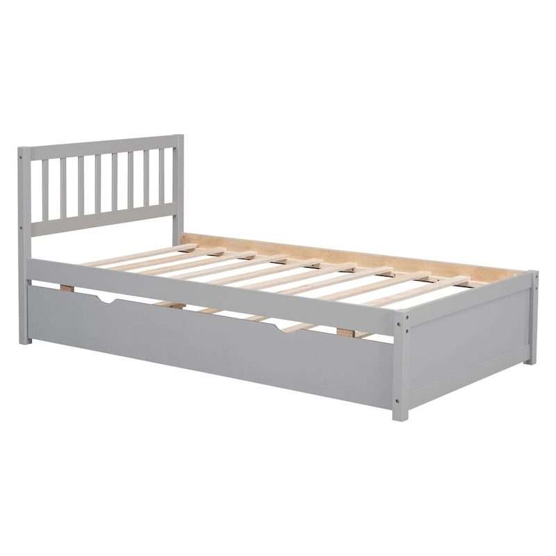 Grey Walnut Rubberwood Twin Platform Bed with Trundle, Sleek Design, No Box Spring Needed