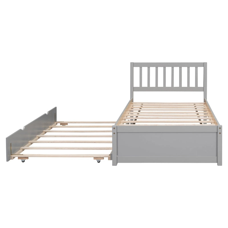 Grey Walnut Rubberwood Twin Platform Bed with Trundle, Sleek Design, No Box Spring Needed