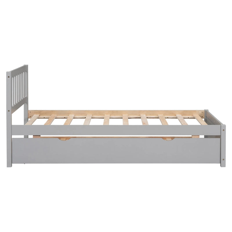Grey Walnut Rubberwood Twin Platform Bed with Trundle, Sleek Design, No Box Spring Needed