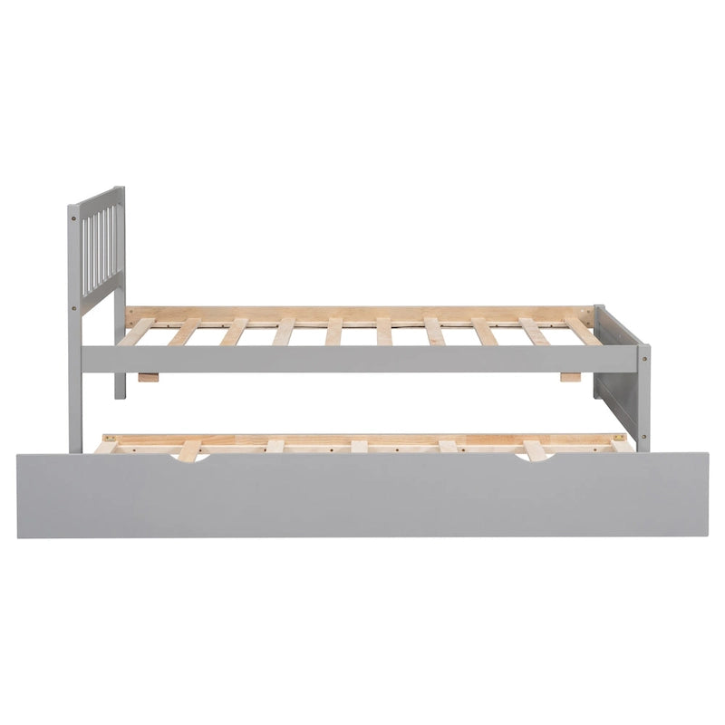 Grey Walnut Rubberwood Twin Platform Bed with Trundle, Sleek Design, No Box Spring Needed