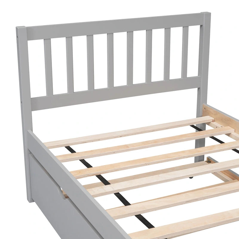 Grey Walnut Rubberwood Twin Platform Bed with Trundle, Sleek Design, No Box Spring Needed