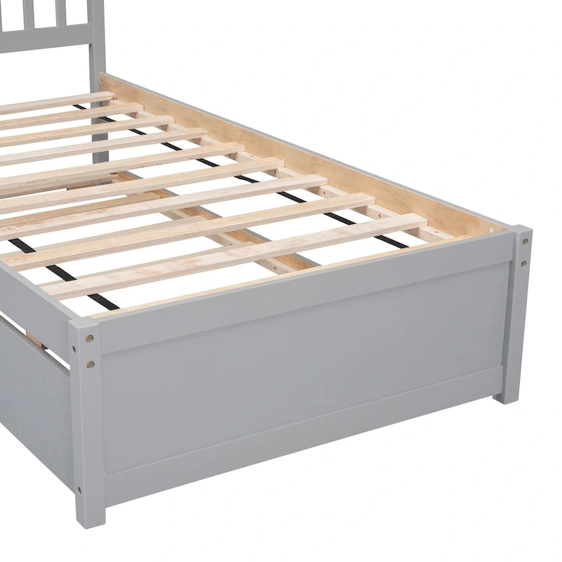 Grey Walnut Rubberwood Twin Platform Bed with Trundle, Sleek Design, No Box Spring Needed