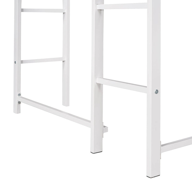 White Twin Size Metal Loft Bed with Ladder, Fence, Shelves, and Desk