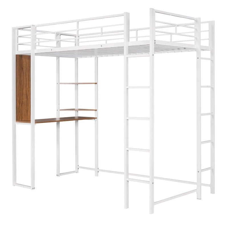 White Twin Size Metal Loft Bed with Ladder, Fence, Shelves, and Desk