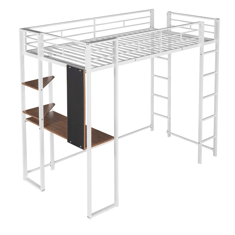 White Twin Size Metal Loft Bed with Ladder, Fence, Shelves, and Desk