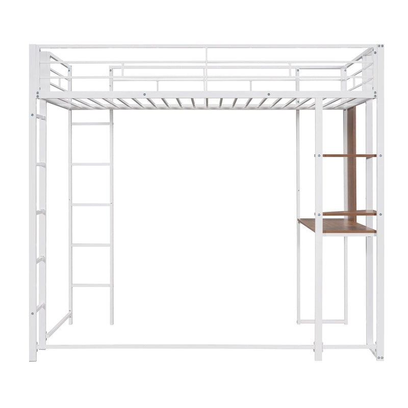 White Twin Size Metal Loft Bed with Ladder, Fence, Shelves, and Desk
