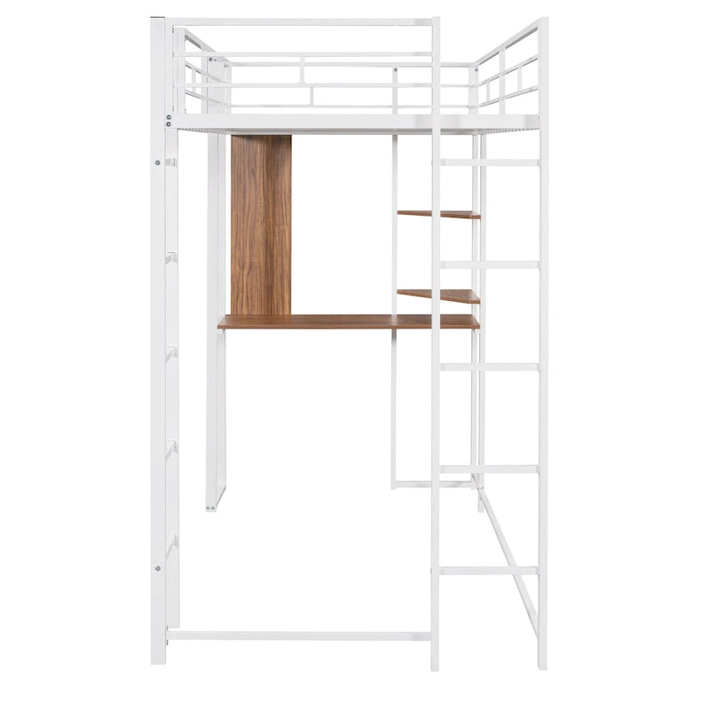 White Twin Size Metal Loft Bed with Ladder, Fence, Shelves, and Desk