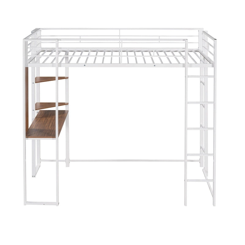 White Twin Size Metal Loft Bed with Ladder, Fence, Shelves, and Desk