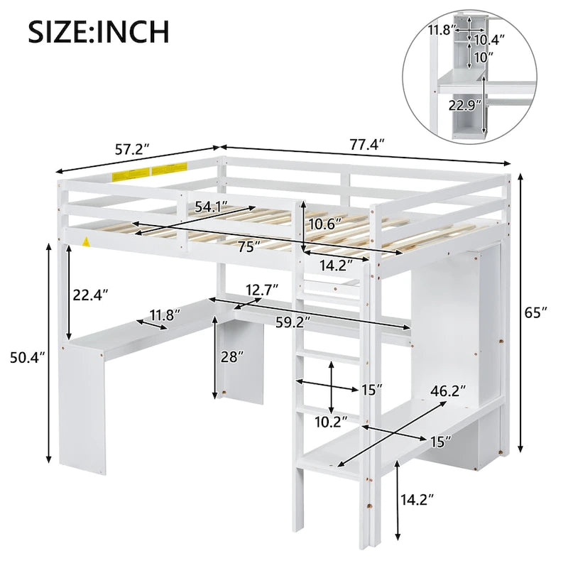 White Full Size Solid Wiood Loft Bed with L-shaped Desk, Wardrobe and Storage Shelves