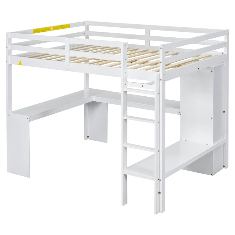 White Full Size Solid Wiood Loft Bed with L-shaped Desk, Wardrobe and Storage Shelves