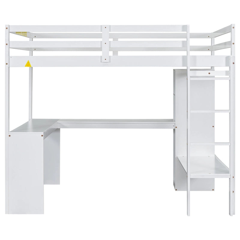 White Full Size Solid Wiood Loft Bed with L-shaped Desk, Wardrobe and Storage Shelves