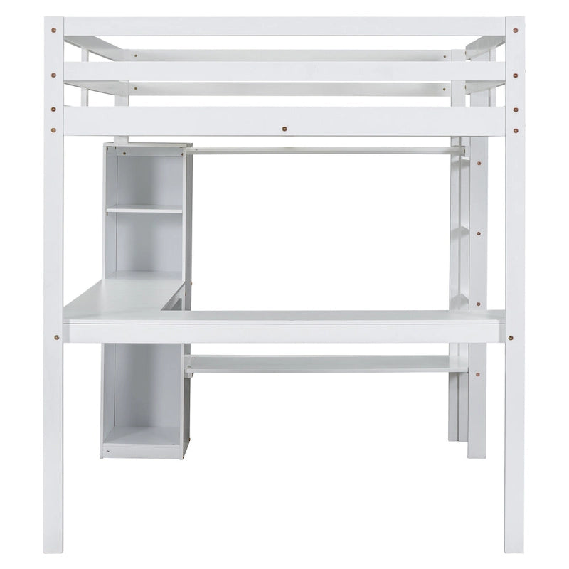 White Full Size Solid Wiood Loft Bed with L-shaped Desk, Wardrobe and Storage Shelves