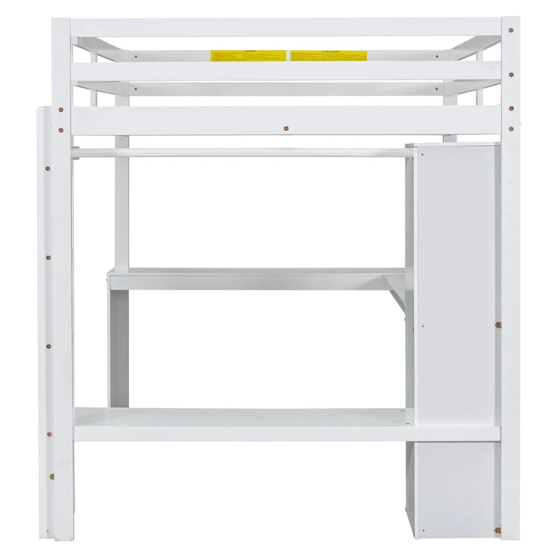 White Full Size Solid Wiood Loft Bed with L-shaped Desk, Wardrobe and Storage Shelves