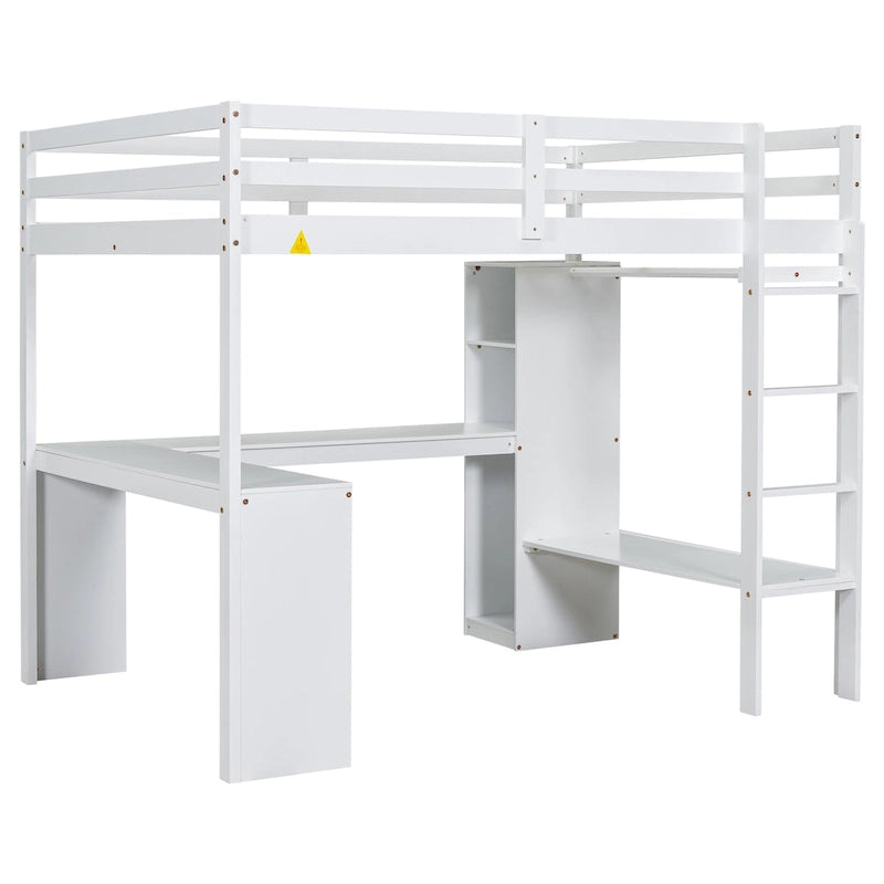 White Full Size Solid Wiood Loft Bed with L-shaped Desk, Wardrobe and Storage Shelves