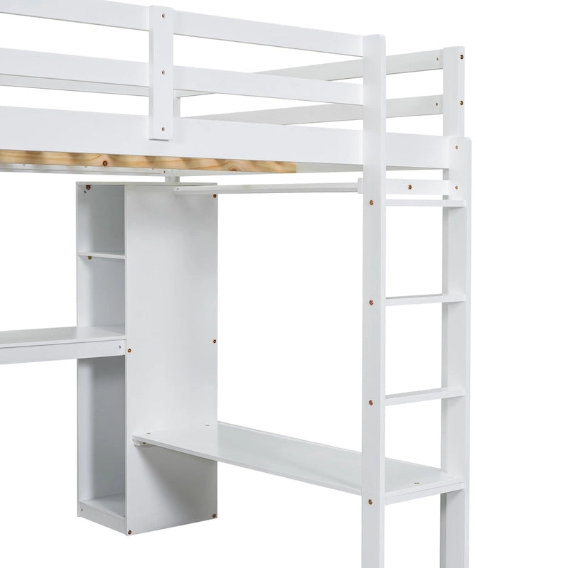 White Full Size Solid Wiood Loft Bed with L-shaped Desk, Wardrobe and Storage Shelves