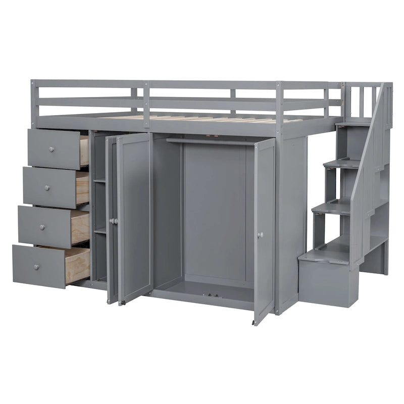 Gray Full Size Wood Loft Bed with Built-in Wardrobes and Cabinets
