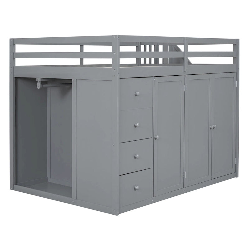 Gray Full Size Wood Loft Bed with Built-in Wardrobes and Cabinets