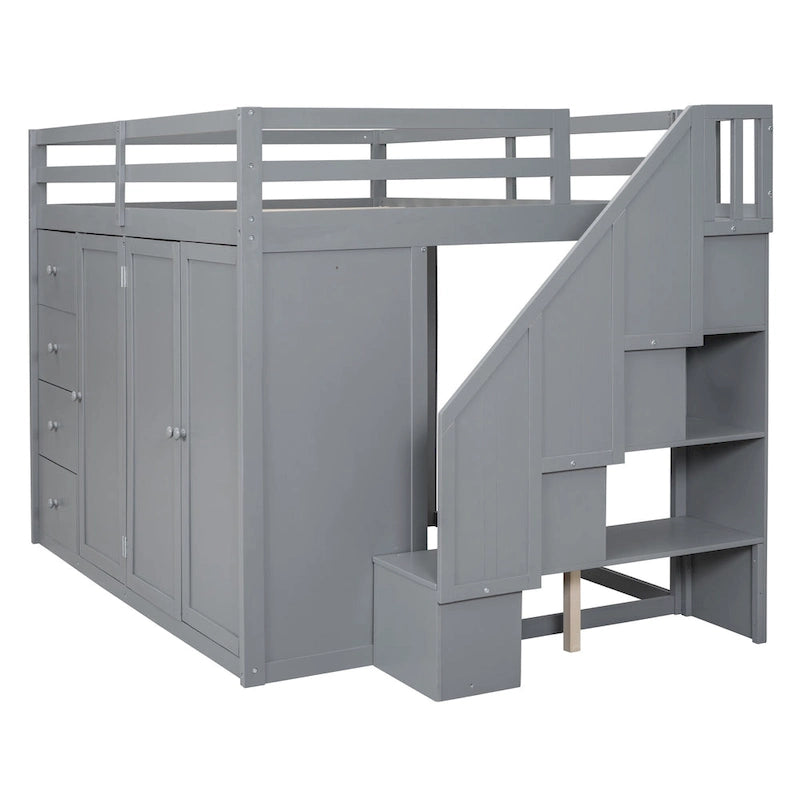 Gray Full Size Wood Loft Bed with Built-in Wardrobes and Cabinets