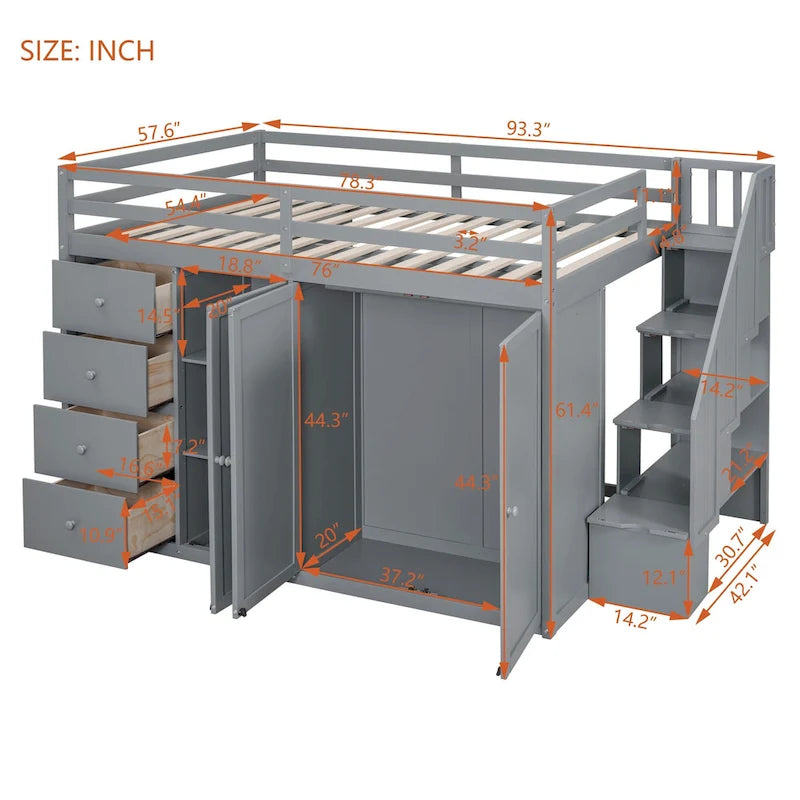 Gray Full Size Wood Loft Bed with Built-in Wardrobes and Cabinets