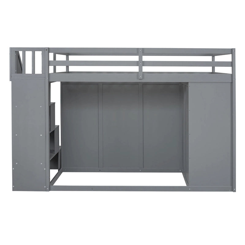 Gray Full Size Wood Loft Bed with Built-in Wardrobes and Cabinets