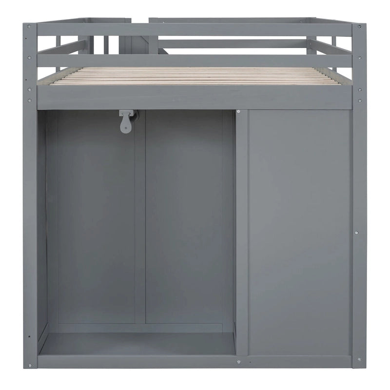 Gray Full Size Wood Loft Bed with Built-in Wardrobes and Cabinets